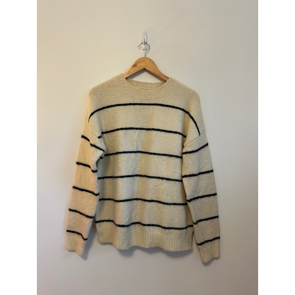 Lush Cream and Black Striped Crew Neck Fuzzy Knit Sweater | Size Small